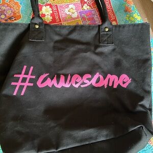 Black Canvas Tote Bag with Pink Hashtag Design